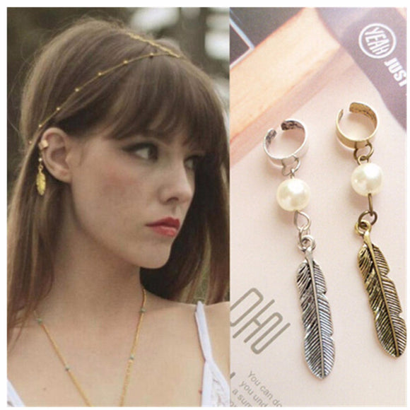 Vintage Leaf Feather with Pearl Ear Cuff Clip
