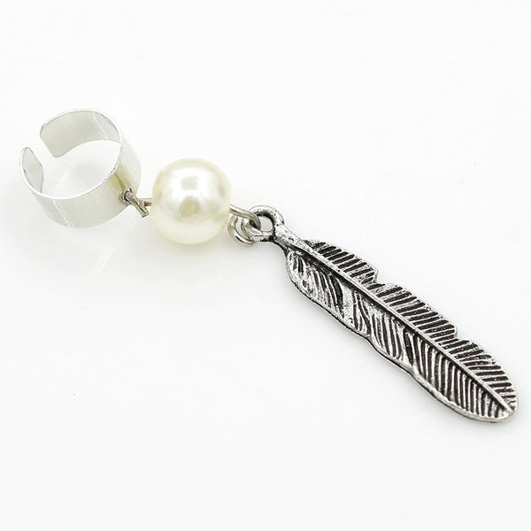 Vintage Leaf Feather with Pearl Ear Cuff Clip