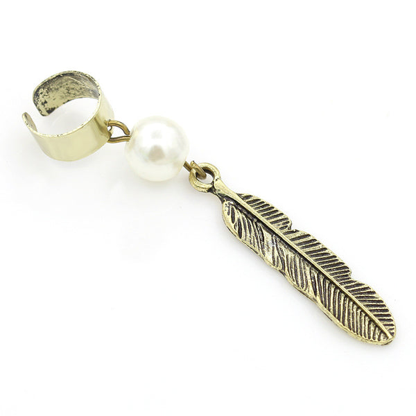 Vintage Leaf Feather with Pearl Ear Cuff Clip
