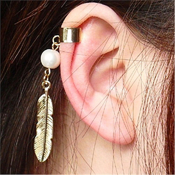 Vintage Leaf Feather with Pearl Ear Cuff Clip