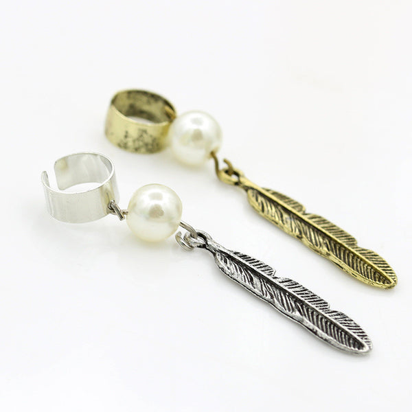 Vintage Leaf Feather with Pearl Ear Cuff Clip